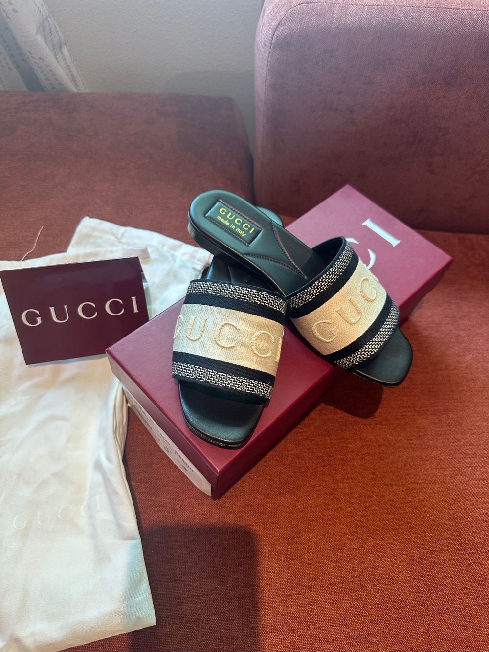 Gucci Beige and Black Embroidered Logo Slide Mules - Picture 2 of 8